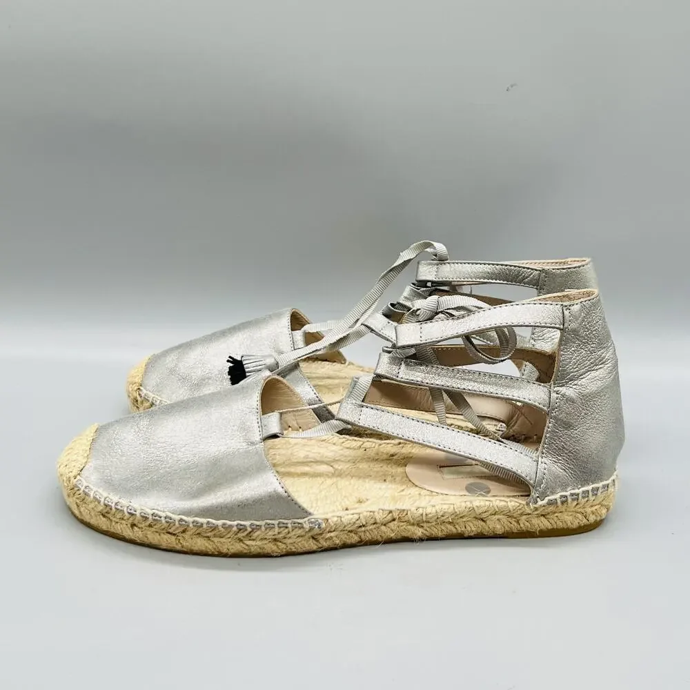 Boden Sandals Womens 8.5 Silver Leather Lace Up Ankle Tie Espadrille Flat Shoes
